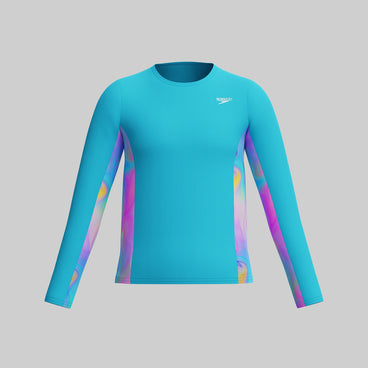 Girl's Long Sleeve Printed Splice Rashguard Blue