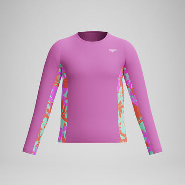 Girl's Long Sleeve Printed Splice Rashguard Purple