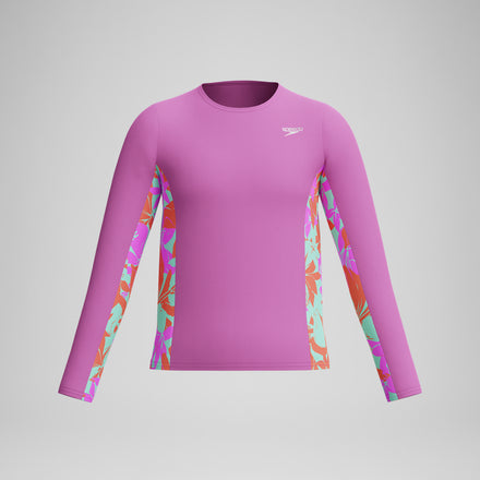Girl's Long Sleeve Printed Splice Rashguard Purple