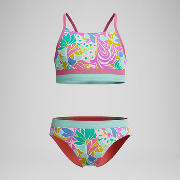 Girls Print Blocked Bikini Set Pink
