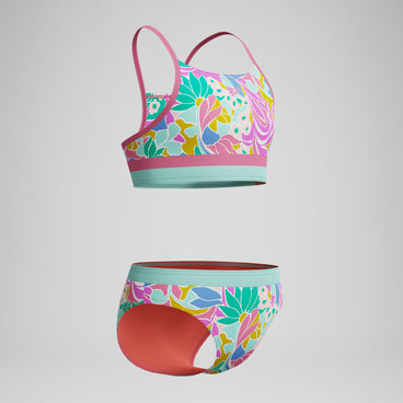 Girls Print Blocked Bikini Set Pink