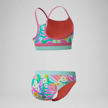 Girls Print Blocked Bikini Set Pink