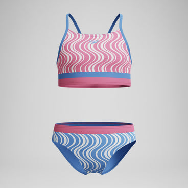Girls Print Blocked Bikini Set Blue