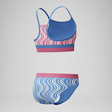 Girls Print Blocked Bikini Set Blue