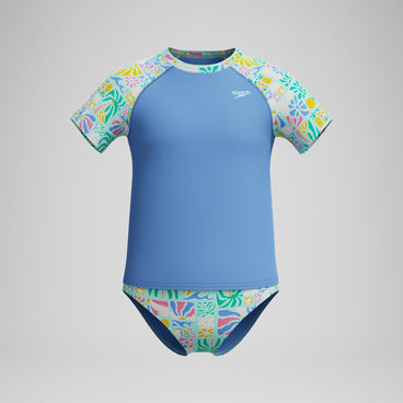 Girls Printed Short Sleeve Rashguard Set Blue