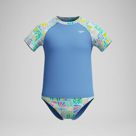 Girls Printed Short Sleeve Rashguard Set Blue