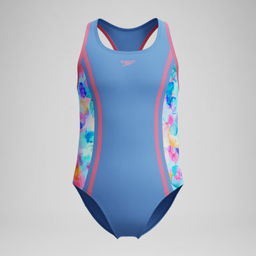 Girls Printed Spliced Racerback Swimsuit Blue