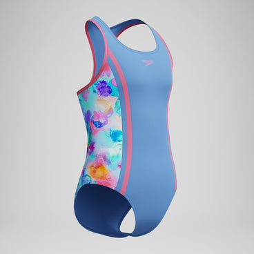 Girls Printed Spliced Racerback Swimsuit Blue