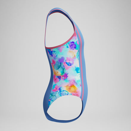 Girls Printed Spliced Racerback Swimsuit Blue