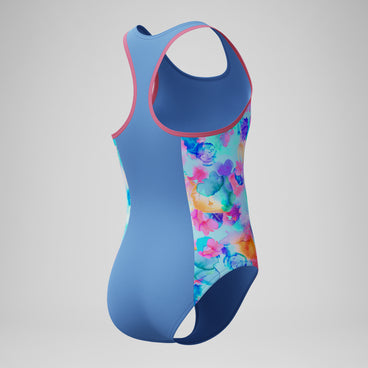 Girls Printed Spliced Racerback Swimsuit Blue