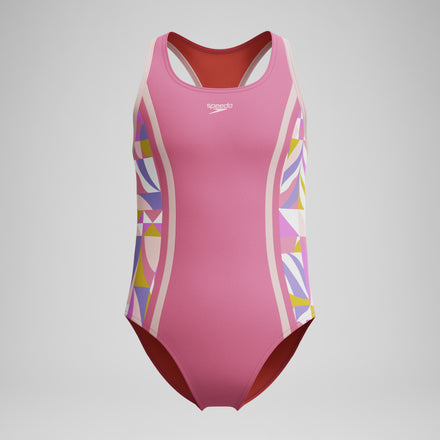 Girls Printed Spliced Racerback Swimsuit Pink