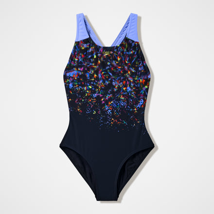 Girls Printed Splashback Swimsuit Black/Purple