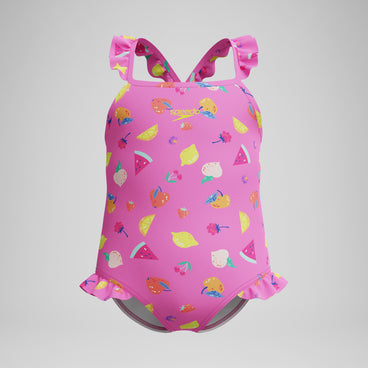 Girls Print Frill Thinstrap Swimsuit Pink