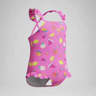 Girls Print Frill Thinstrap Swimsuit Pink