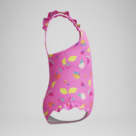 Girls Print Frill Thinstrap Swimsuit Pink