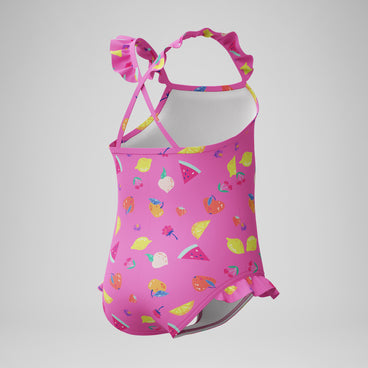 Girls Print Frill Thinstrap Swimsuit Pink