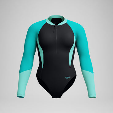 Women's Colourblock Long Sleeve Swimsuit Black/Turquoise