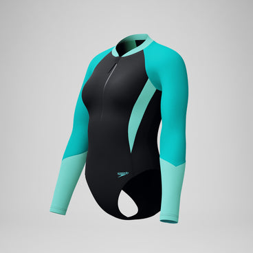 Women's Colourblock Long Sleeve Swimsuit Black/Turquoise