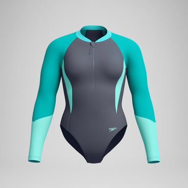 Women's Colourblock Long Sleeve Swimsuit Grey/Turquoise