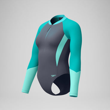 Women's Colourblock Long Sleeve Swimsuit Grey/Turquoise