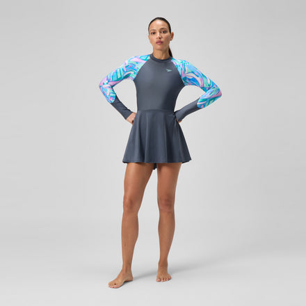 Women's Long Sleeve Swim Dress Grey/Turquoise