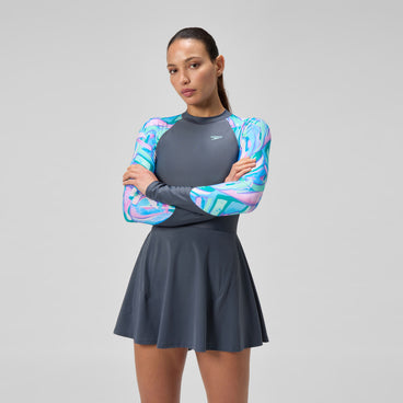 Women's Long Sleeve Swim Dress Grey/Turquoise