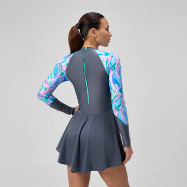Women's Long Sleeve Swim Dress Grey/Turquoise