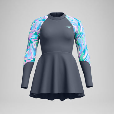 Women's Long Sleeve Swim Dress Grey/Turquoise