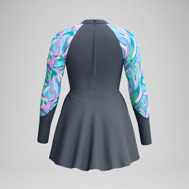 Women's Long Sleeve Swim Dress Grey/Turquoise