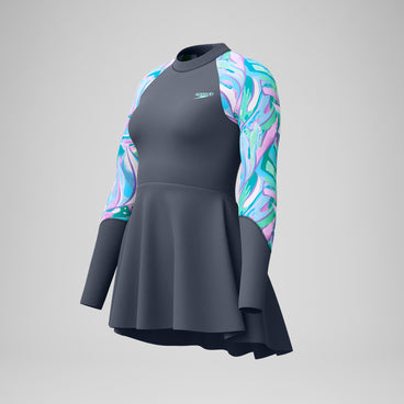 Women's Long Sleeve Swim Dress Grey/Turquoise