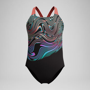 Girls Placement Powerback Swimsuit Black/Orange