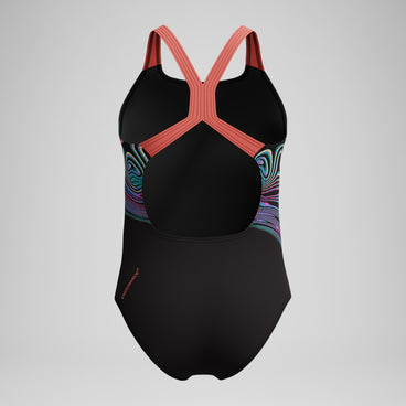 Girls Placement Powerback Swimsuit Black/Orange