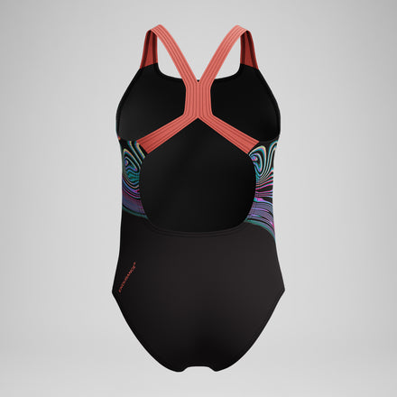 Girls Placement Powerback Swimsuit Black/Orange