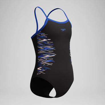 Girls Placement Thinstrap Muscleback Swimsuit Black/Blue