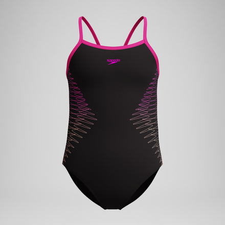 Girls Plastisol Placement Thinstrap Swimsuit Black/Pink
