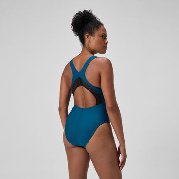 Women's Solid Scoop Neck Mesh Swimsuit Dark Teal