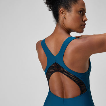 Women's Solid Scoop Neck Mesh Swimsuit Dark Teal