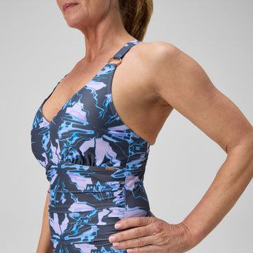 Women's Shaping Printed V Neck Swimsuit Purple/Grey