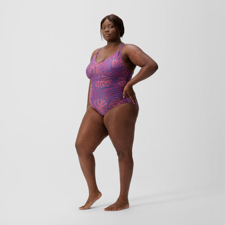 Women's Plus Size Shaping V Neck Swimsuit Pink/Orange