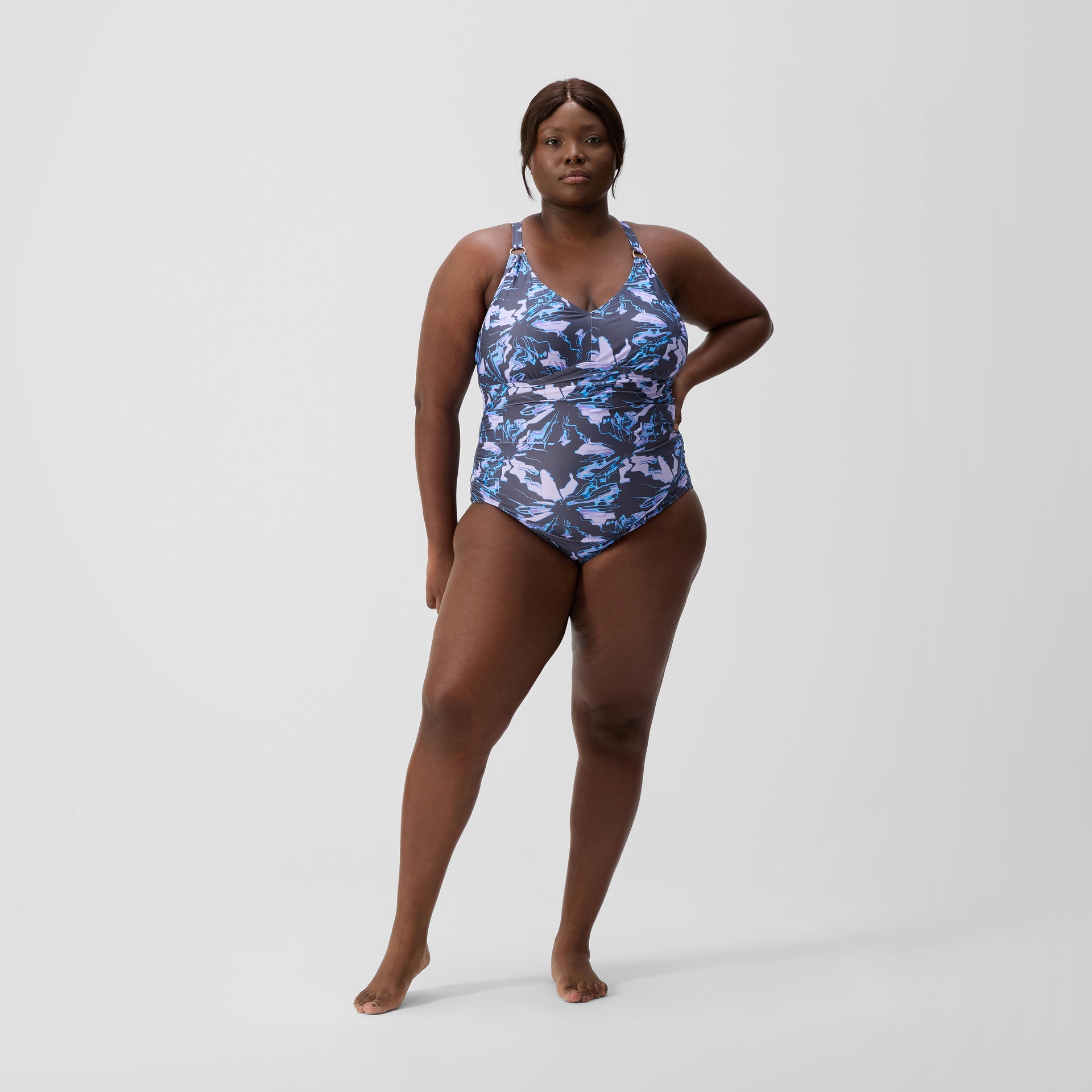 Plus Shaping V Neck Swimsuit Grey Blue