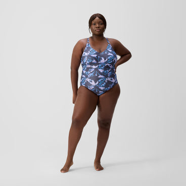 Women's Plus Size Shaping V Neck Swimsuit Grey/Blue