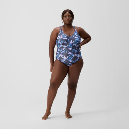Women's Plus Size Shaping V Neck Swimsuit Grey/Blue