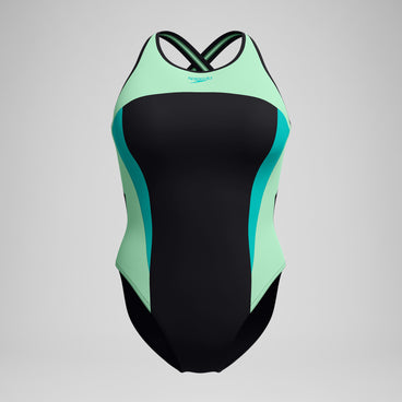Women's High Neck Splice Cross Back Swimsuit Black/Turquoise
