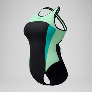 Women's High Neck Splice Cross Back Swimsuit Black/Turquoise