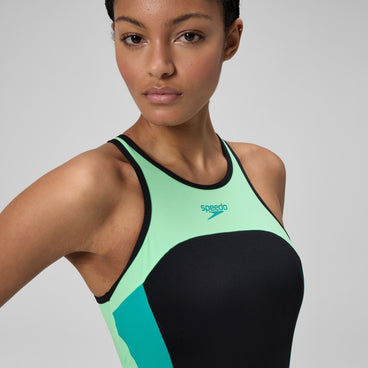 Women's High Neck Splice Cross Back Swimsuit Black/Turquoise