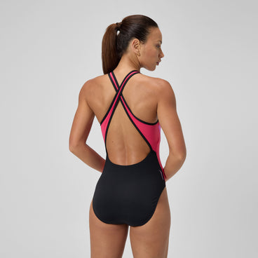 Women's Highneck Splice Crossback Swimsuit Black/Pink