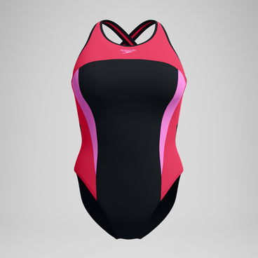 Women's Highneck Splice Crossback Swimsuit Black/Pink