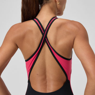 Women's Highneck Splice Crossback Swimsuit Black/Pink