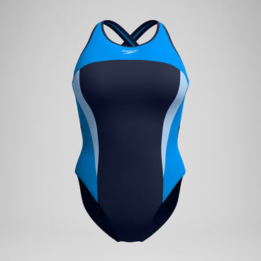 Women's High Neck Splice Cross Back Swimsuit Navy/Blue