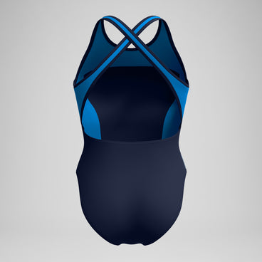 Women's High Neck Splice Cross Back Swimsuit Navy/Blue